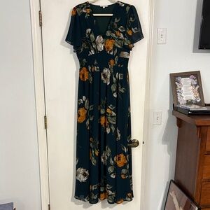 Floral V-Neck Maxi Dress - Green and Orange